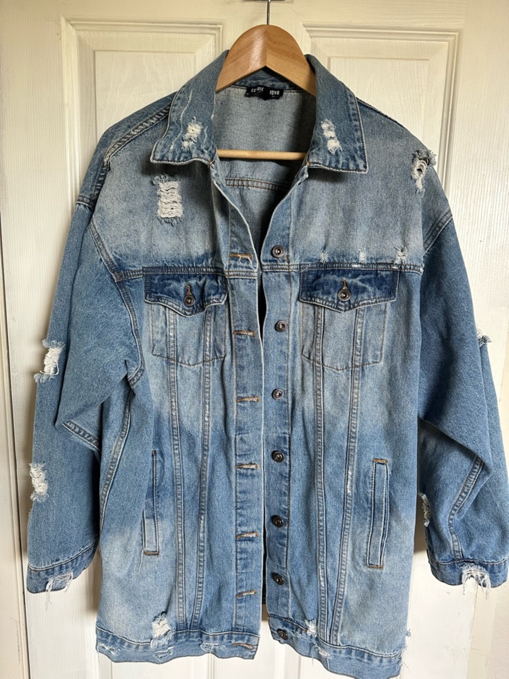 Fashion Nova Light Blue Distressed Denim Jacket
